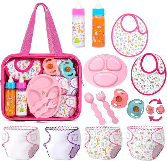 fash n kolor My Sweet 13-Piece Doll Feeding & Diaper Bag Set – Magic Disappearing Milk Bottles, Diapers, Bibs, Pacifiers & Accessories – Pretend Play Doll Care Kit with Carrying Bag for Girls