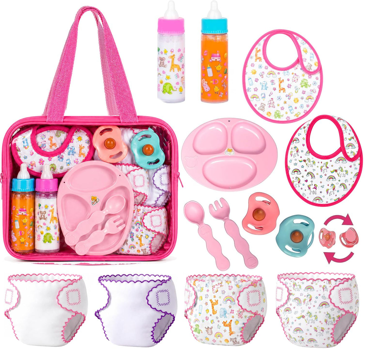 fash n kolor My Sweet 13-Piece Doll Feeding & Diaper Bag Set – Magic Disappearing Milk Bottles, Diapers, Bibs, Pacifiers & Accessories – Pretend Play Doll Care Kit with Carrying Bag for Girls