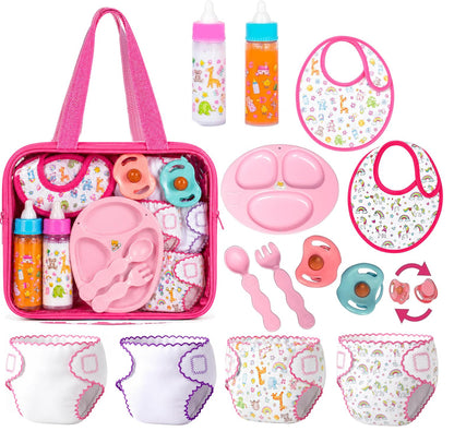 fash n kolor My Sweet 13-Piece Doll Feeding & Diaper Bag Set – Magic Disappearing Milk Bottles, Diapers, Bibs, Pacifiers & Accessories – Pretend Play Doll Care Kit with Carrying Bag for Girls