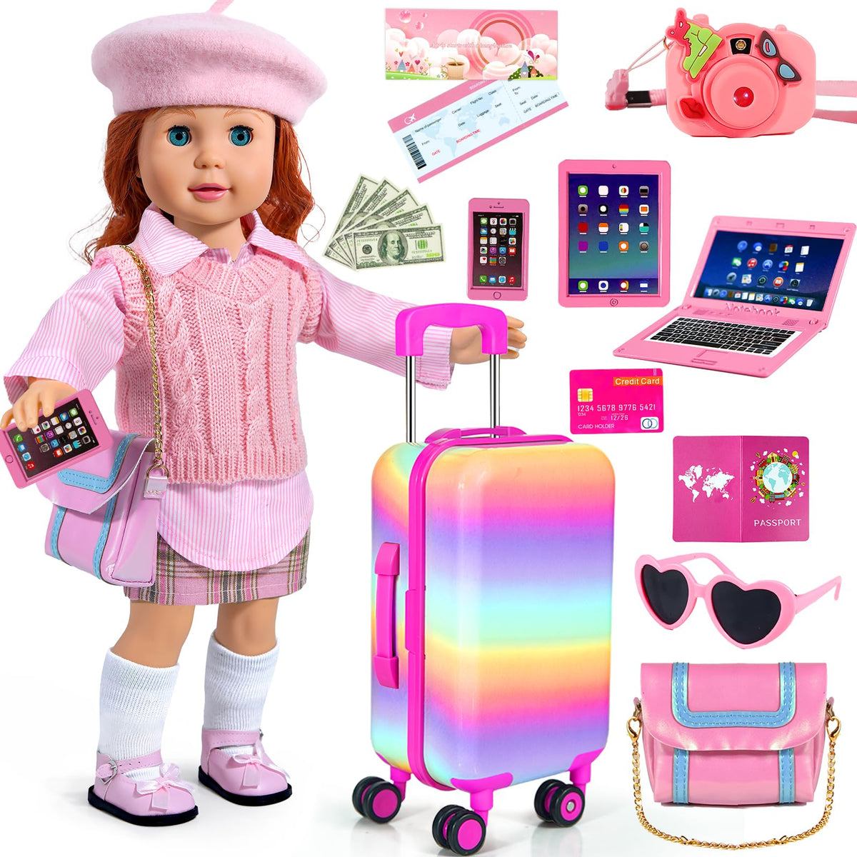 WONDOLL American 18 Inch Doll Clothes and Accessories, Suitcase Outfit Set