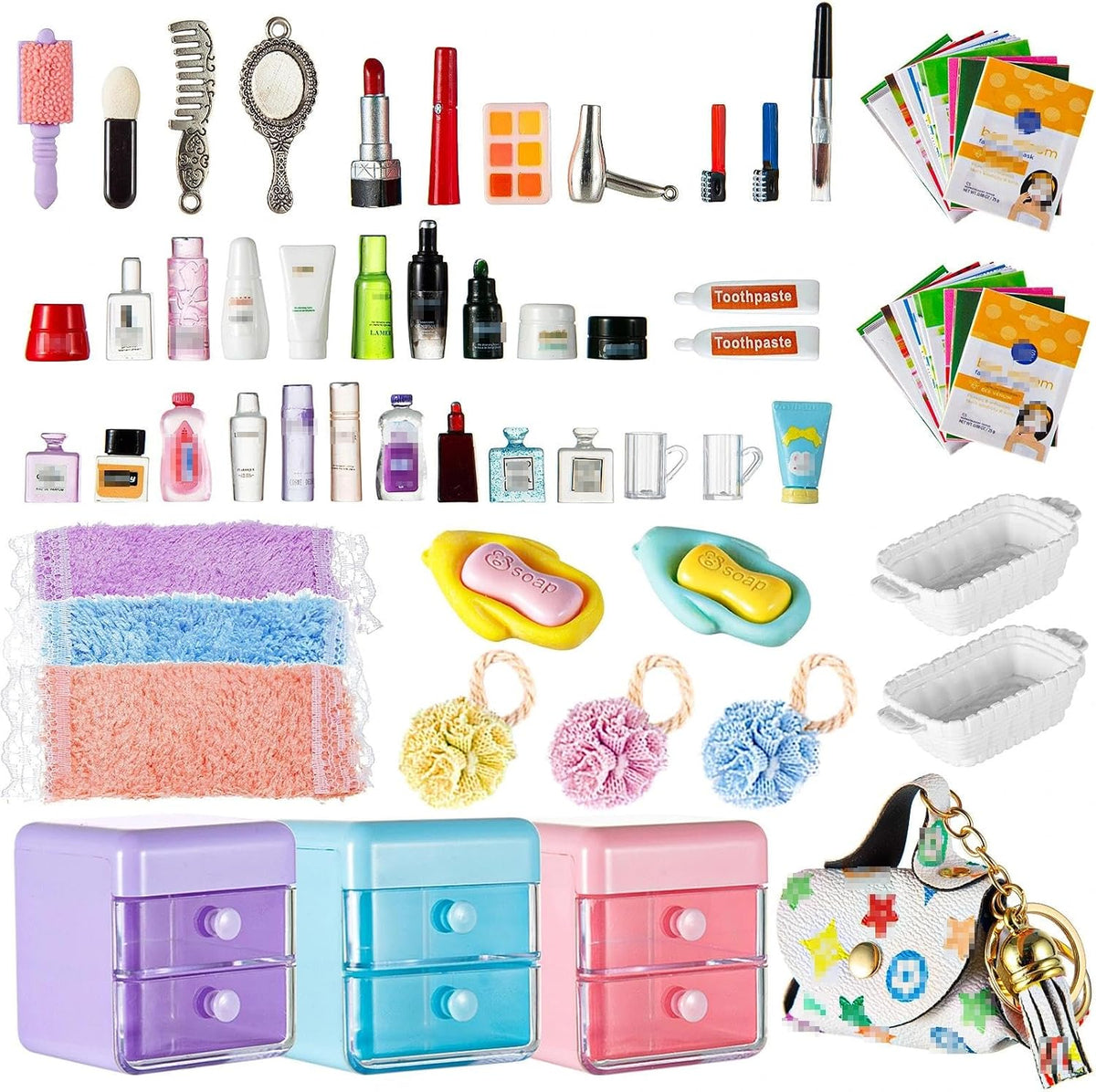 72Pcs Dollhouse Mini Jewelry Storage Case Handbag Towel Cosmetic Set
