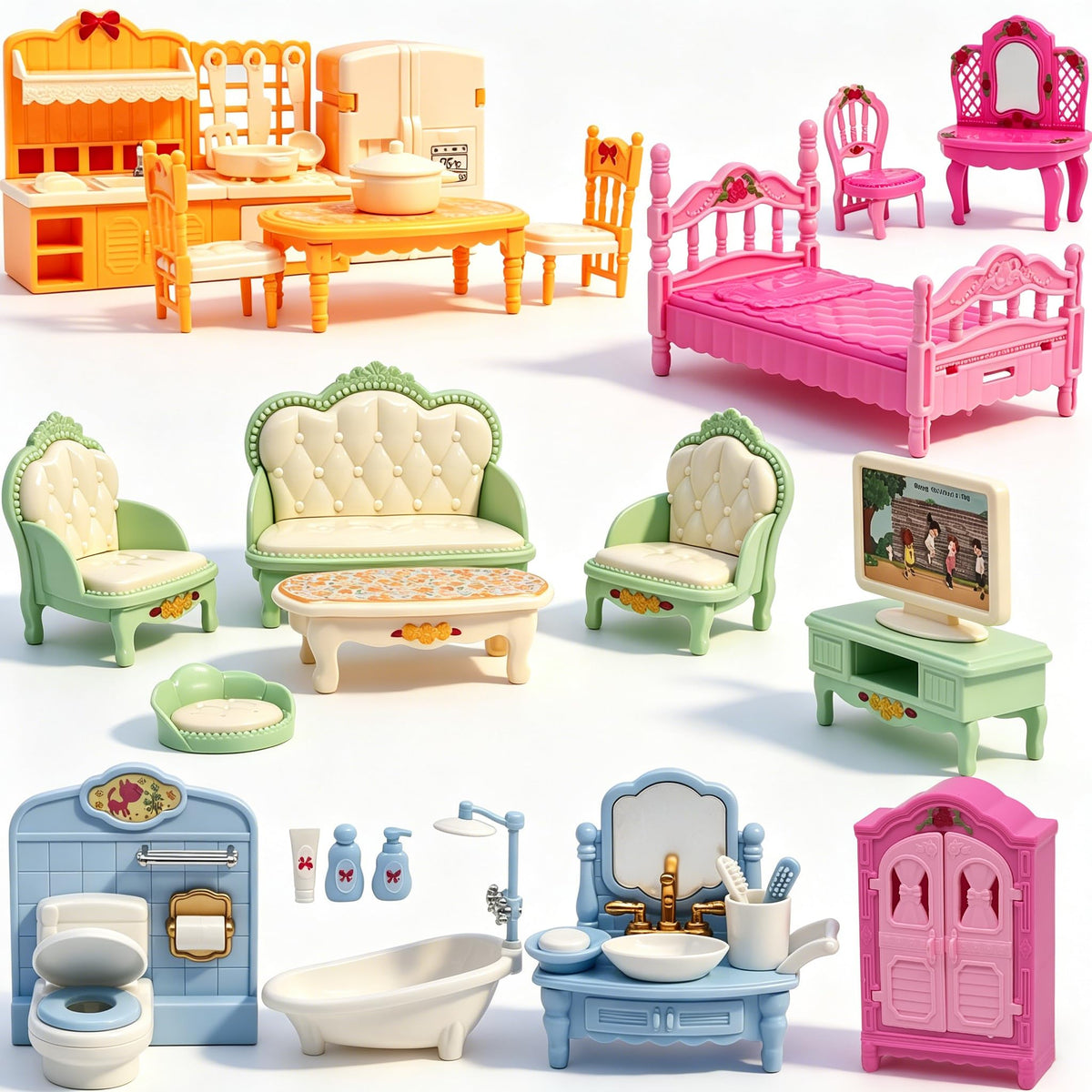 Dollhouse Furniture Set, 38 Pcs Miniature Doll House Accessories with Dogs and Cat ，Kitchen Bedroom Living Room Bathroom Furniture, Toy for Kids Ages 3+ Boys Girls, Great Gift Idea
