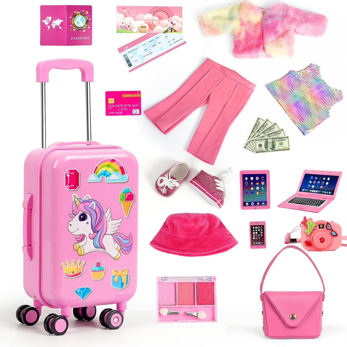 WONDOLL American 18 Inch Doll Clothes and Accessories, Suitcase Outfit Set