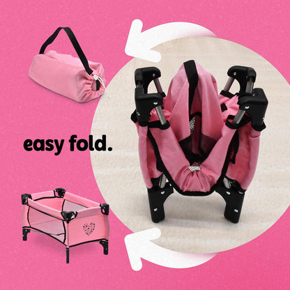 Dolls To Play Baby Doll Stroller Bed and Seat Nursery Playset, Accessories Set High Chair Diaper Bag Role Play Deluxe Set Heart Design