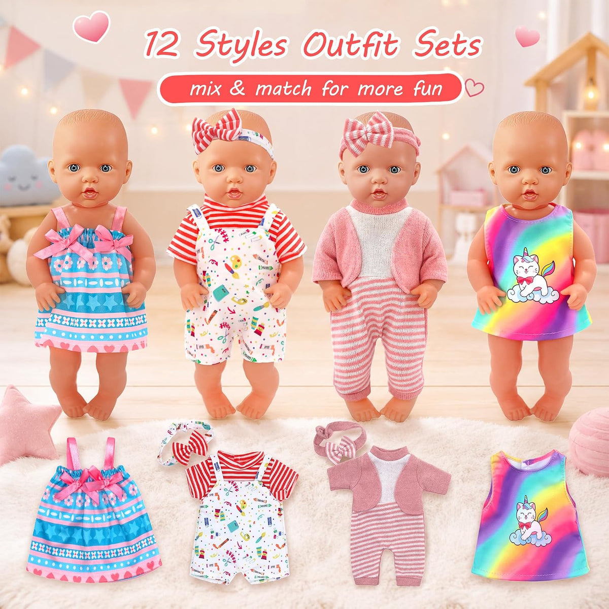 ebuddy 12 Sets Alive Baby Doll Clothes & Accessories Set for 10-12 Inch Dolls, 9 Dresses, 1 Swimsuit, 2 Outfits with Headbands & Bag - Mix and Match Outfits for Kids (No Doll)
