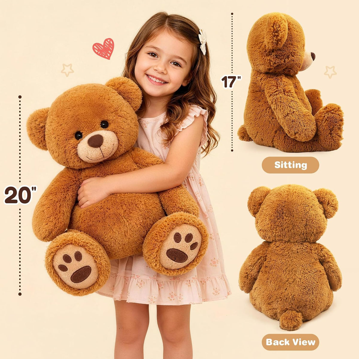 LotFancy Teddy Bear Stuffed Animals, 20 inch Soft Plush Toy, Brown