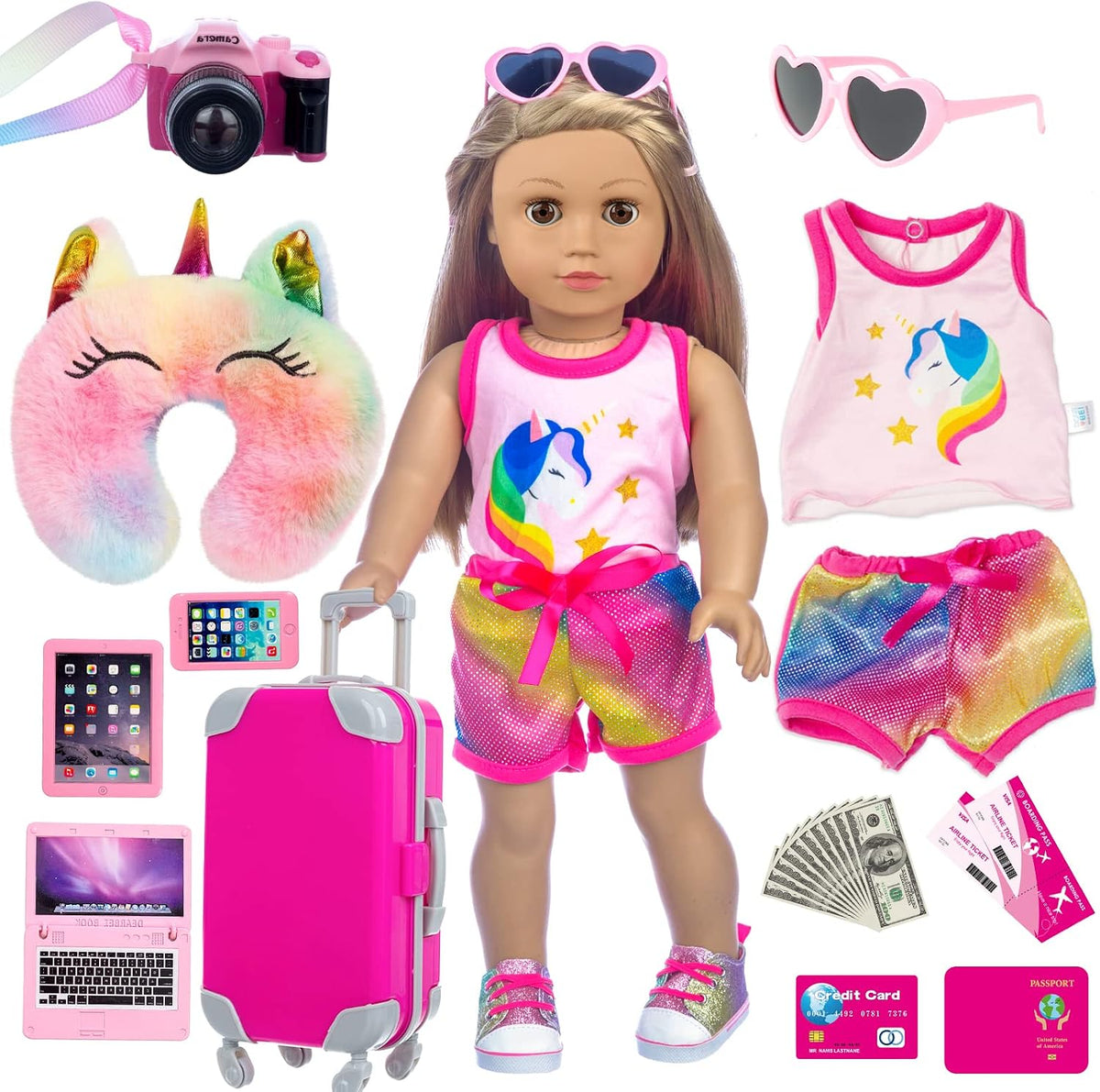 XFEYUE 23 Pcs American 18" Doll Clothes and Accessories Travel Set（No Doll