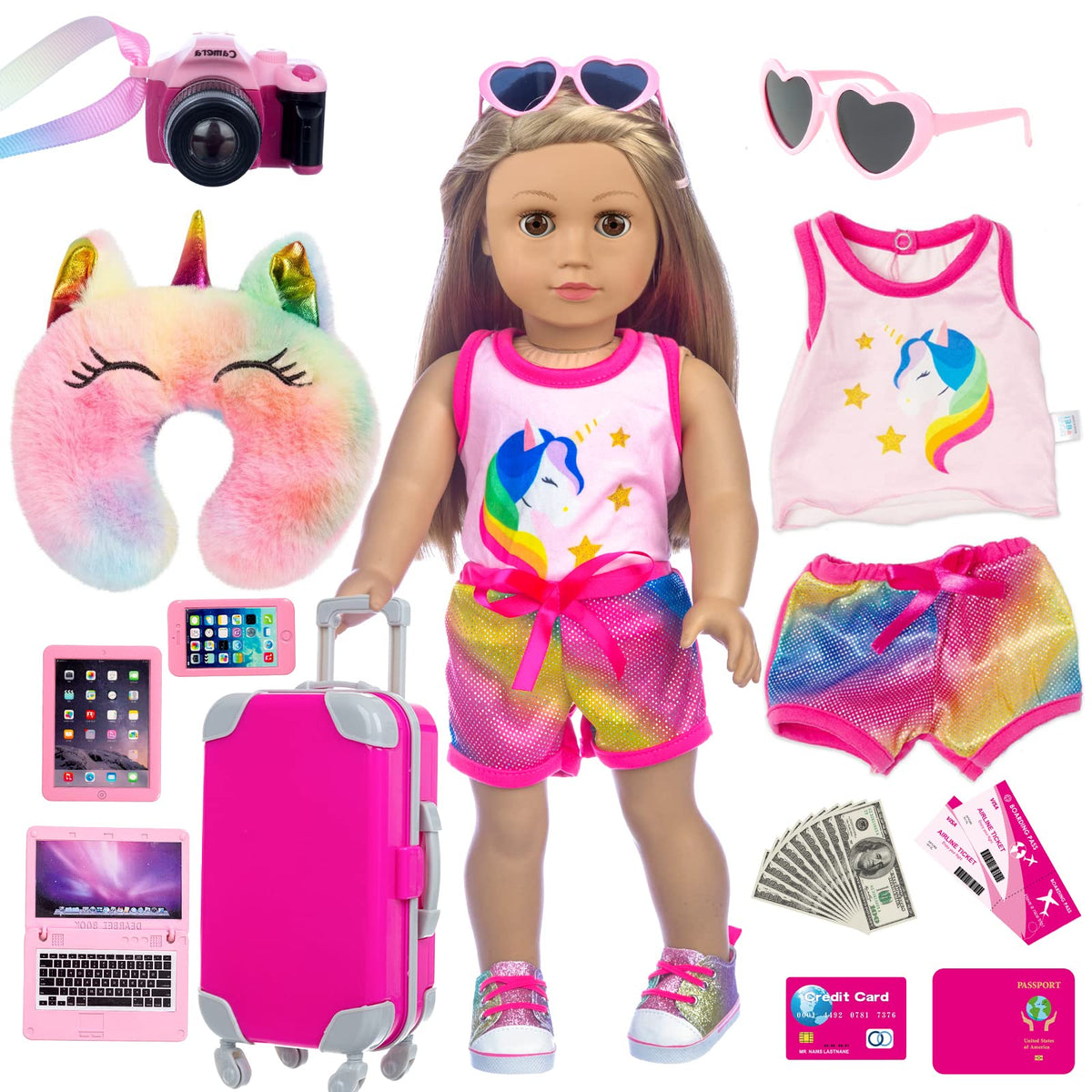 XFEYUE 23 Pcs American 18" Doll Clothes and Accessories Travel Set（No Doll