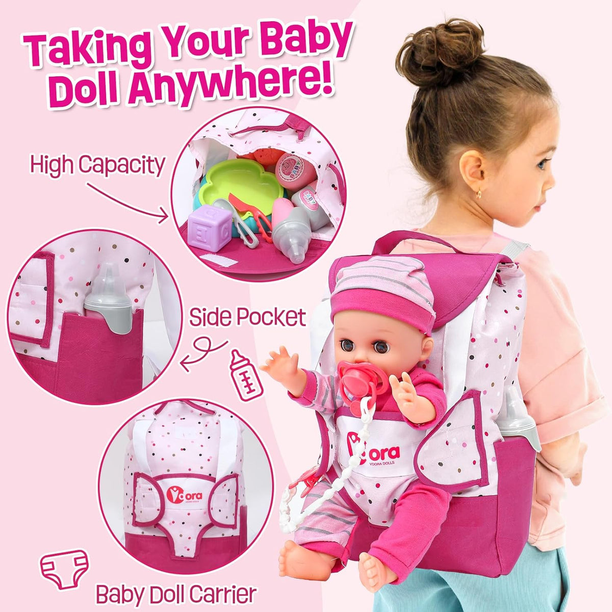 TUZT Baby Doll Accessories Playset, Baby Doll Care Toys with Changing Bag Backpack Feeding Set Doll Nappies Bottle Bath, Birthday Toys for Kids Girls (Doll Not Included)