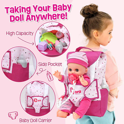 TUZT Baby Doll Accessories Playset, Baby Doll Care Toys with Changing Bag Backpack Feeding Set Doll Nappies Bottle Bath, Birthday Toys for Kids Girls (Doll Not Included)