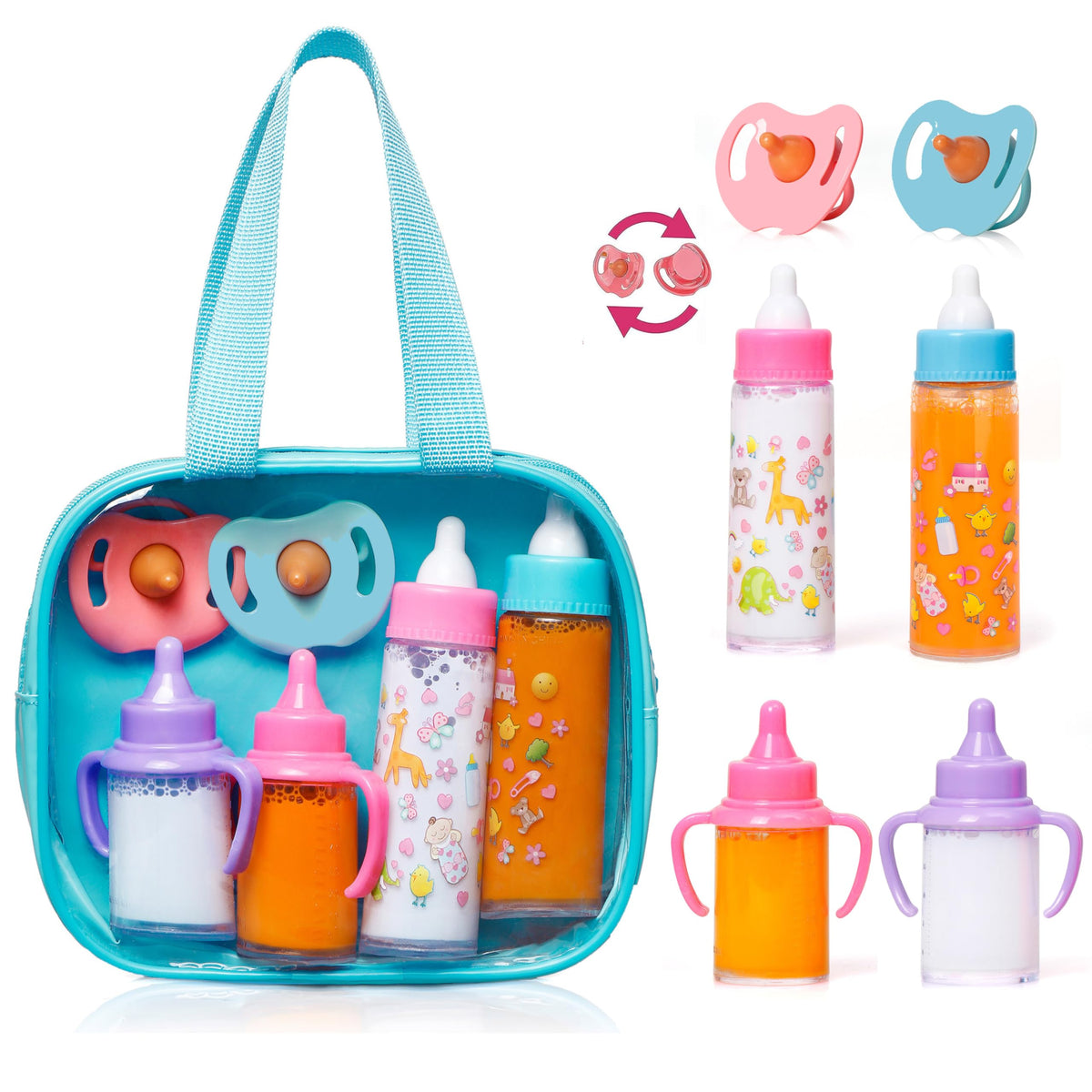 fash n kolor My Sweet 13-Piece Doll Feeding & Diaper Bag Set – Magic Disappearing Milk Bottles, Diapers, Bibs, Pacifiers & Accessories – Pretend Play Doll Care Kit with Carrying Bag for Girls
