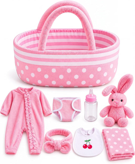 BABESIDE 8PCS Baby Doll Accessories Set with Bassinet for 17-22 Inch Dolls