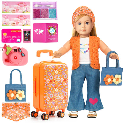 ARTST American 18 Inch Doll Suitcase Accessories and Clothes Outfit Set
