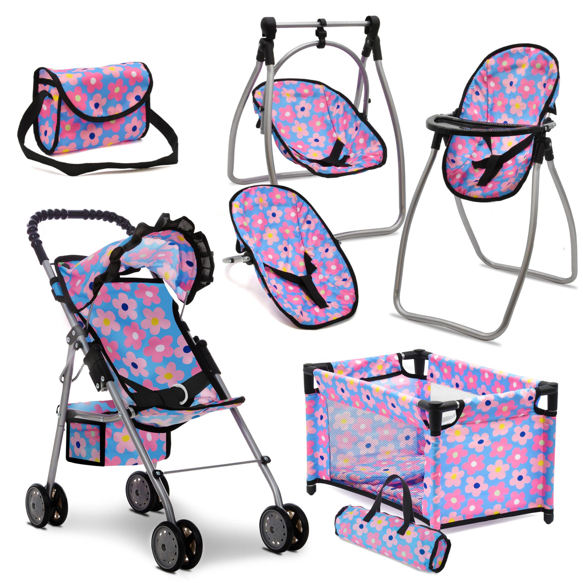 Baby Doll Stroller Bed and Swing Nursery Playset, Baby Doll Accessories Furniture Set Convertible High Chair Diaper Bag Role Play Deluxe Purple Doll Set