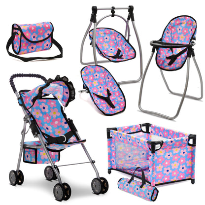 Baby Doll Stroller Bed and Swing Nursery Playset, Baby Doll Accessories Furniture Set Convertible High Chair Diaper Bag Role Play Deluxe Purple Doll Set