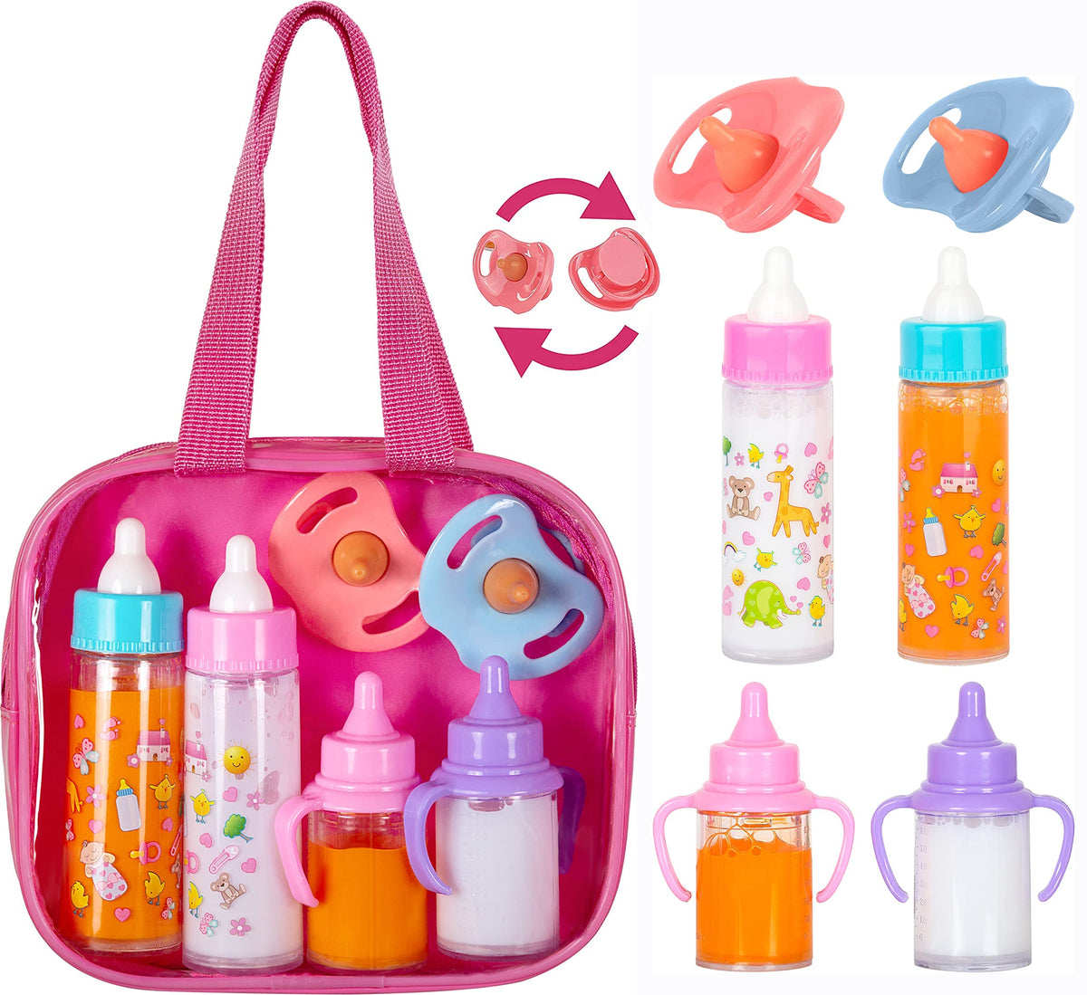 fash n kolor My Sweet 13-Piece Doll Feeding & Diaper Bag Set – Magic Disappearing Milk Bottles, Diapers, Bibs, Pacifiers & Accessories – Pretend Play Doll Care Kit with Carrying Bag for Girls