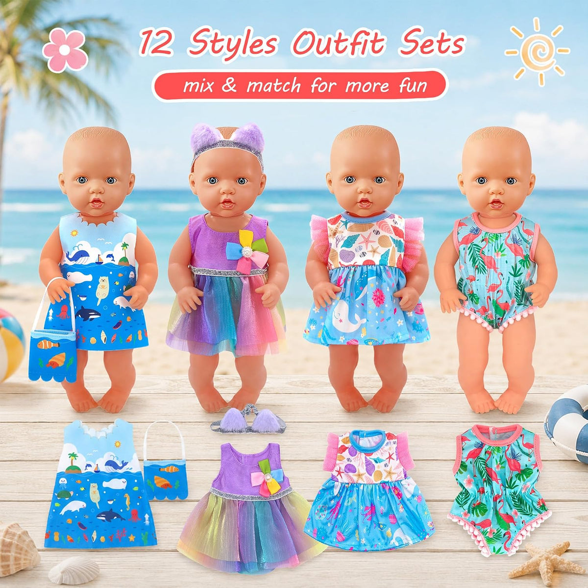 ebuddy 12 Sets Alive Baby Doll Clothes & Accessories Set for 10-12 Inch Dolls, 9 Dresses, 1 Swimsuit, 2 Outfits with Headbands & Bag - Mix and Match Outfits for Kids (No Doll)