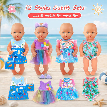 ebuddy 12 Sets Alive Baby Doll Clothes & Accessories Set for 10-12 Inch Dolls, 9 Dresses, 1 Swimsuit, 2 Outfits with Headbands & Bag - Mix and Match Outfits for Kids (No Doll)