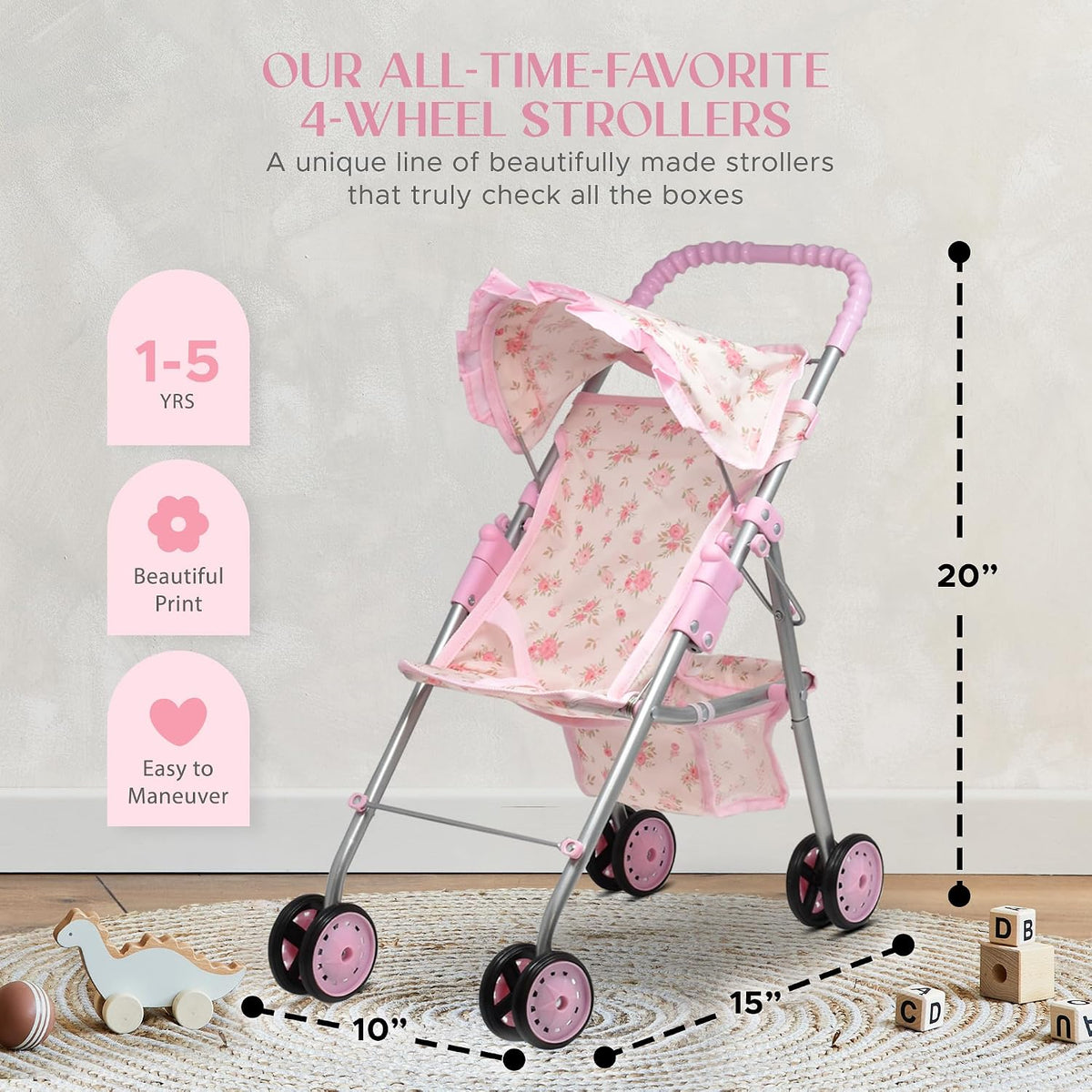 Baby Doll Stroller Bed and Seat Nursery Playset, Baby Doll Accessories Set High Chair Diaper Bag Role Play Deluxe Baby Doll Floral Set