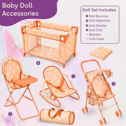 4-in-1 Baby Doll Stroller Set with Butterfly Design – Includes Toy Stroller, Crib, Bouncer & High Chair – Doll Accessories & Baby Doll Furniture Set for Kids Ages 3+ – Fits Dolls up to 18 Inches