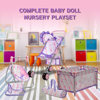 Baby Doll Stroller Bed and Swing Nursery Playset, Baby Doll Accessories Furniture Set Convertible High Chair Diaper Bag Role Play Deluxe Purple Doll Set