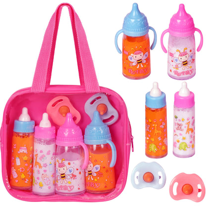 fash n kolor My Sweet 13-Piece Doll Feeding & Diaper Bag Set – Magic Disappearing Milk Bottles, Diapers, Bibs, Pacifiers & Accessories – Pretend Play Doll Care Kit with Carrying Bag for Girls
