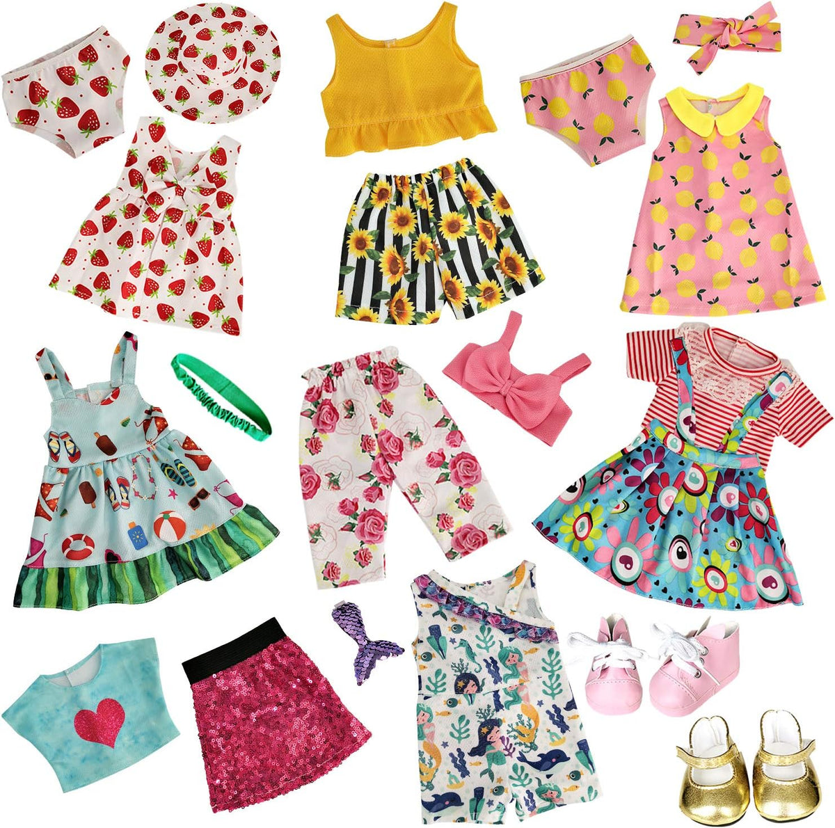 American Doll Clothes and Accessories for 18 Inch Doll, 18" Clothes Dress, Total 19 Pcs Including 8 Sets of Clothing Outfits with Shoes, Underwear, Headband, and Cap (Not Include The Doll)