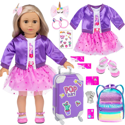 ebuddy 18 inch Doll Clothes and Accessories-Travel Suitcase Set with Fashion Outfit & Pretend Play Accessories Fit for 18" Girl Dolls (No Doll)