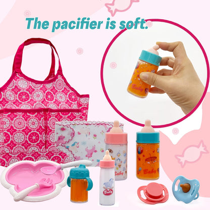 Baby Doll Accessories Magic Bottle Set - Doll Feeding Pretend Playset with Disappearing Milk & Juice Bottles,Handbag Pacifiers Bowl Diaper & Bib Doll Bottle Toys set Gift for Kids Girls Ages 3+