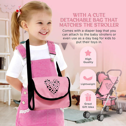 Dolls To Play Baby Doll Stroller Bed and Seat Nursery Playset, Accessories Set High Chair Diaper Bag Role Play Deluxe Set Heart Design