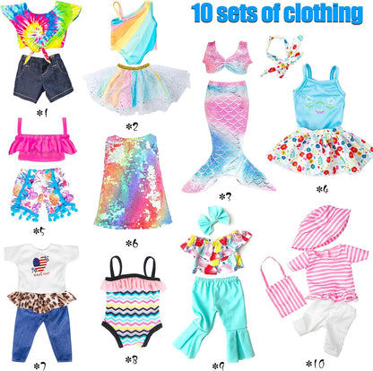18 Inch Doll Fashion Clothes - 10 Sets Include Outfits, Mermaid Dress, Bikini, Hats & Handbags Accessories (Doll Not Included)