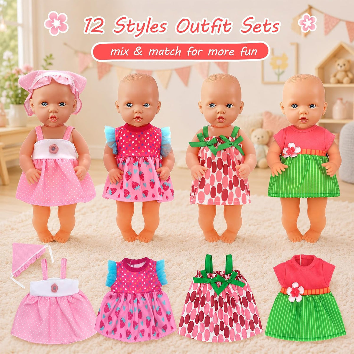 ebuddy 12 Sets Alive Baby Doll Clothes & Accessories Set for 10-12 Inch Dolls, 9 Dresses, 1 Swimsuit, 2 Outfits with Headbands & Bag - Mix and Match Outfits for Kids (No Doll)