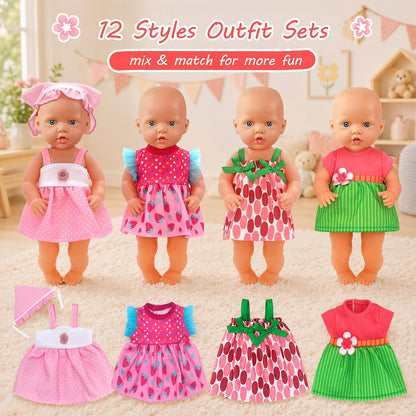 ebuddy 12 Sets Alive Baby Doll Clothes & Accessories Set for 10-12 Inch Dolls, 9 Dresses, 1 Swimsuit, 2 Outfits with Headbands & Bag - Mix and Match Outfits for Kids (No Doll)