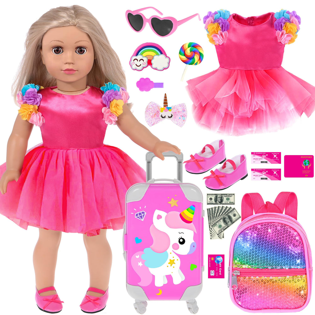 ebuddy 18 inch Doll Clothes and Accessories-Travel Suitcase Set with Fashion Outfit & Pretend Play Accessories Fit for 18" Girl Dolls (No Doll)