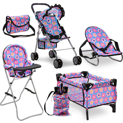 Baby Doll Stroller Bed and Seat Nursery Playset, Baby Doll Accessories Set High Chair Diaper Bag Role Play Deluxe Baby Doll Floral Set