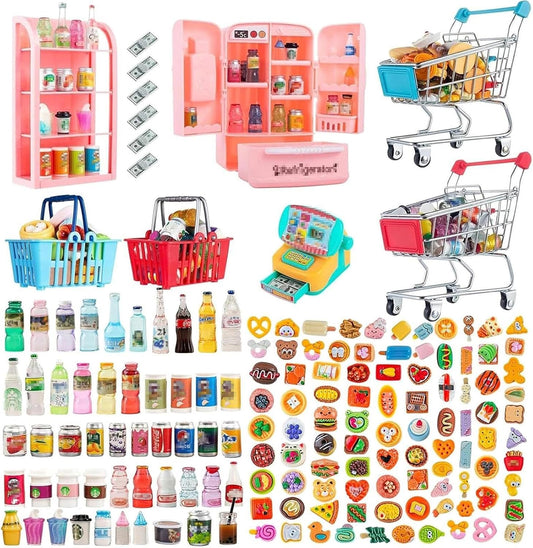 164Pcs Mini Shopping Cart Basket Miniature Food Drink Toy Supermarket Metal Handcart Trolley DollHouse Store Grocery Accessories Kitchen Play Game Party Model Shelves Cash Register Refrigerator Fridge