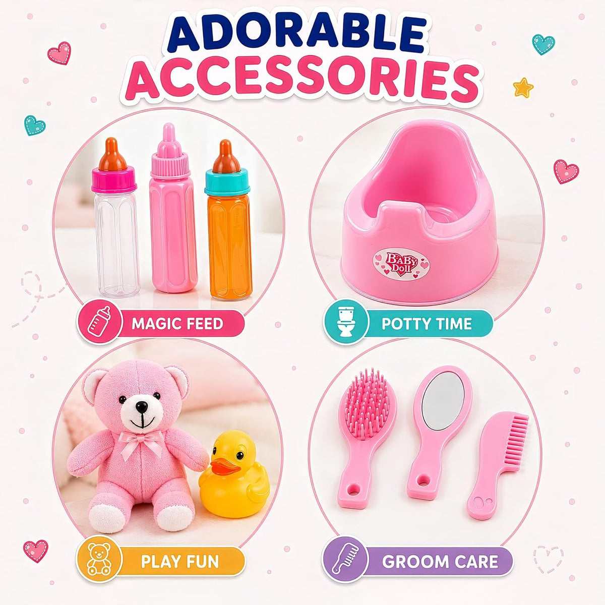 Liberty Imports 28 PCS Baby Doll Accessories Complete Care Set - Doll Feeding Pretend Playset for Kids, Girls with Magic Milk Bottles in a Storage Bag