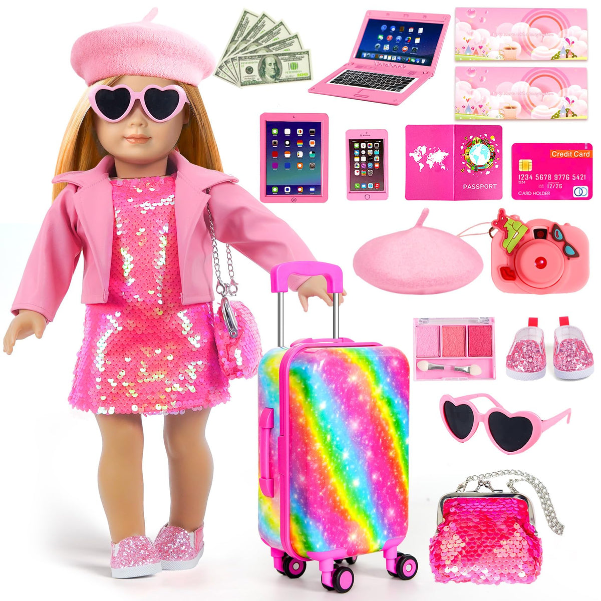 American 18 Inch Doll Suitcase Accessories Clothes Outfit with Makeup Set