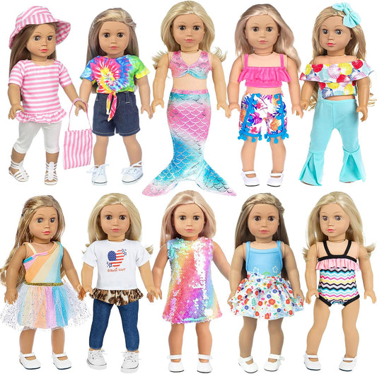 18 Inch Doll Fashion Clothes - 10 Sets Include Outfits, Mermaid Dress, Bikini, Hats & Handbags Accessories (Doll Not Included)