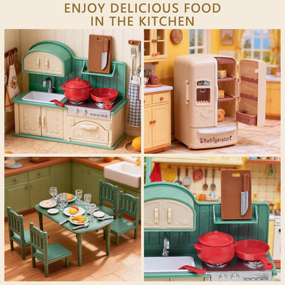 Dollhouse Kitchen Furniture Suitcase Set for Kids, 2 Flexible Dolls/Dining Tble/Kitchenware/Tableware/Refrigerator/Bread, Pretend Play Dollhouse Accessories Christmas Birthday Gift for Girls Ages 3+