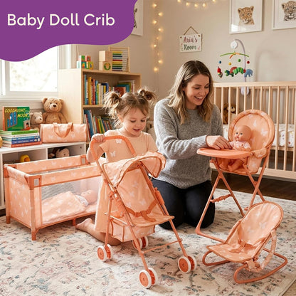 4-in-1 Baby Doll Stroller Set with Butterfly Design – Includes Toy Stroller, Crib, Bouncer & High Chair – Doll Accessories & Baby Doll Furniture Set for Kids Ages 3+ – Fits Dolls up to 18 Inches