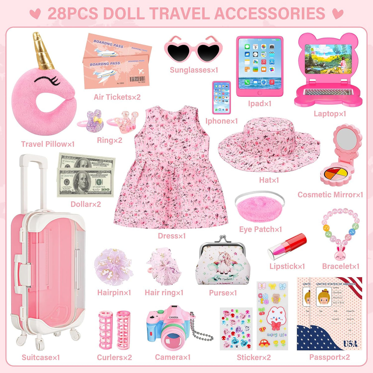 ZJYY 28 Pcs Doll Suitcase Travel Sets, 18 inch Doll Clothes and Accessories