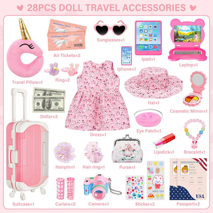 ZJYY 28 Pcs Doll Suitcase Travel Sets, 18 inch Doll Clothes and Accessories