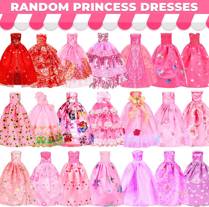 195 Pcs Doll Clothes and Accessories Kit, Include Princess Gowns, Fashion Skirt, Slip Dresses, Tops, Pants, Bikini Swimsuits, Shoes, Crowns, Necklaces, Glasses, Hangers in Gift Box for 11"-12" Dolls