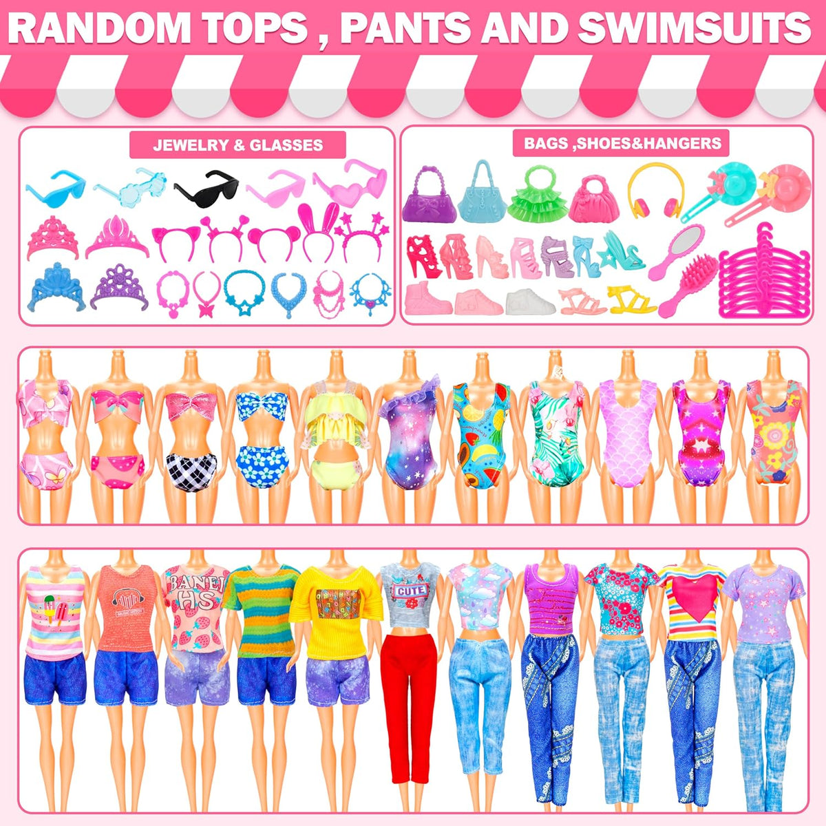 195 Pcs Doll Clothes and Accessories Kit, Include Princess Gowns, Fashion Skirt, Slip Dresses, Tops, Pants, Bikini Swimsuits, Shoes, Crowns, Necklaces, Glasses, Hangers in Gift Box for 11"-12" Dolls