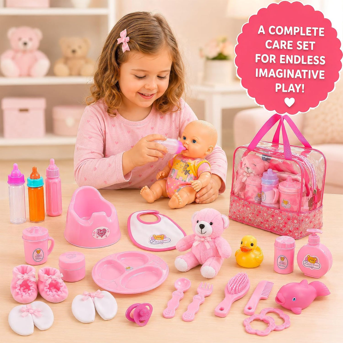Liberty Imports 28 PCS Baby Doll Accessories Complete Care Set - Doll Feeding Pretend Playset for Kids, Girls with Magic Milk Bottles in a Storage Bag