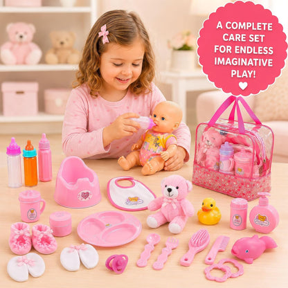 Liberty Imports 28 PCS Baby Doll Accessories Complete Care Set - Doll Feeding Pretend Playset for Kids, Girls with Magic Milk Bottles in a Storage Bag