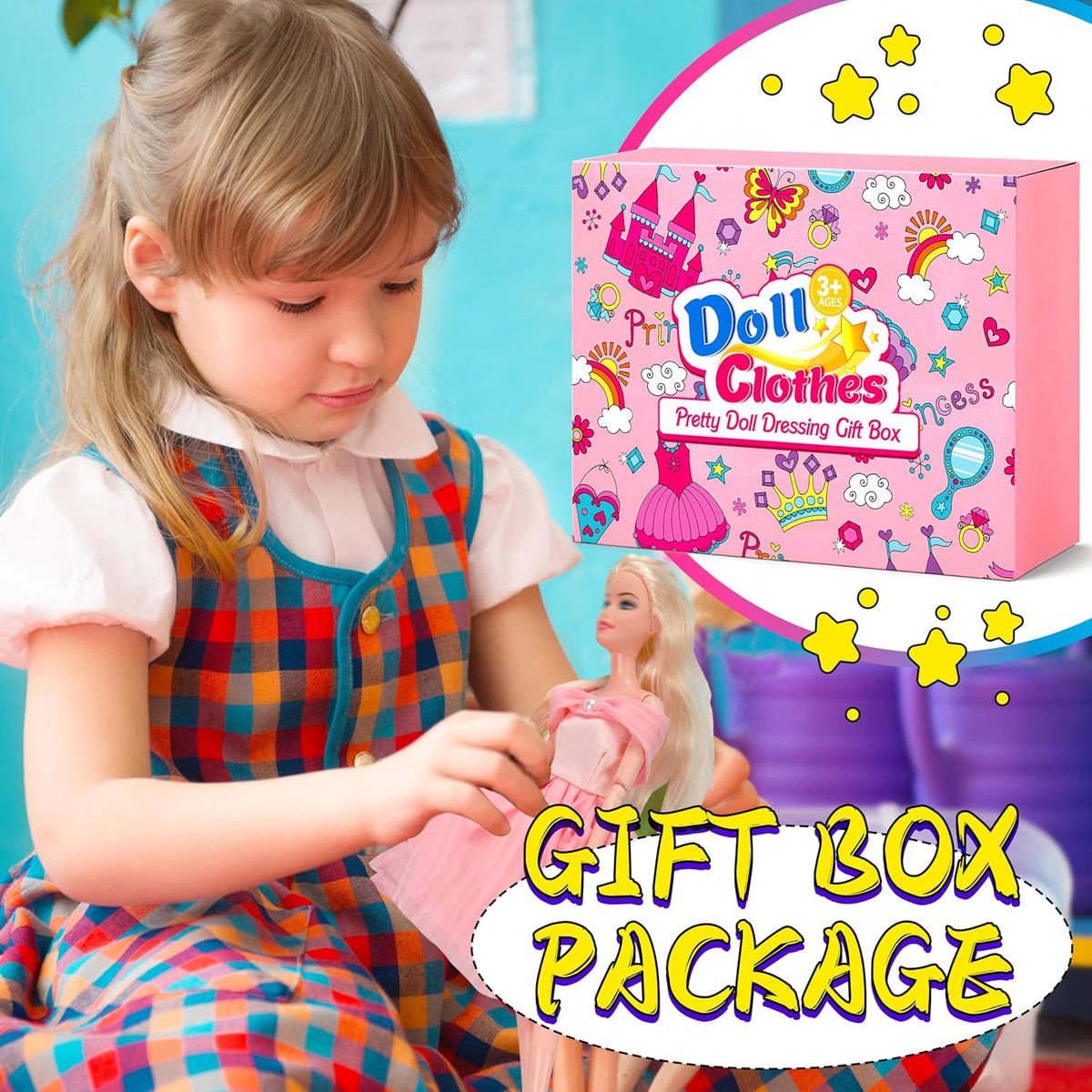 195 Pcs Doll Clothes and Accessories Kit, Include Princess Gowns, Fashion Skirt, Slip Dresses, Tops, Pants, Bikini Swimsuits, Shoes, Crowns, Necklaces, Glasses, Hangers in Gift Box for 11"-12" Dolls