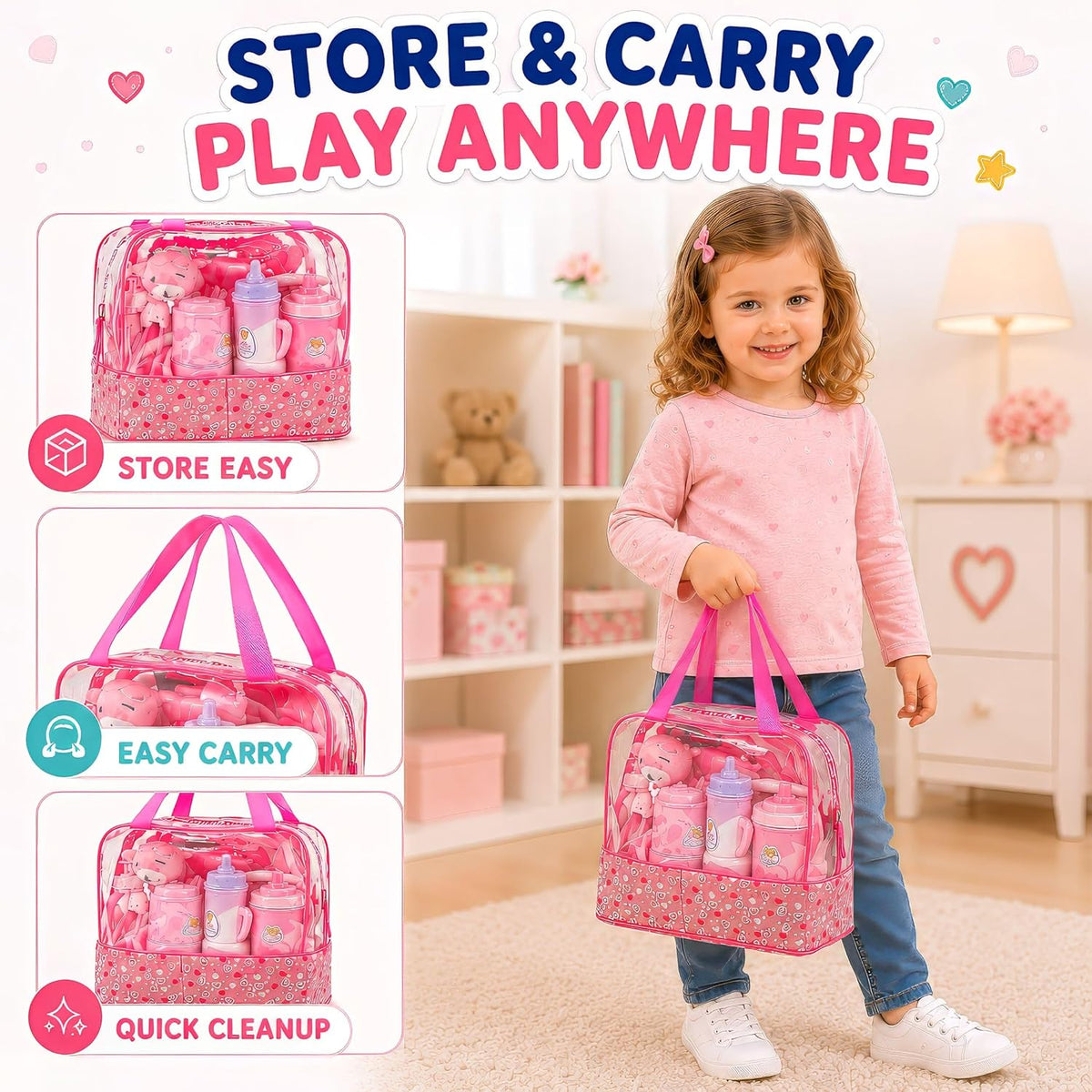 Liberty Imports 28 PCS Baby Doll Accessories Complete Care Set - Doll Feeding Pretend Playset for Kids, Girls with Magic Milk Bottles in a Storage Bag