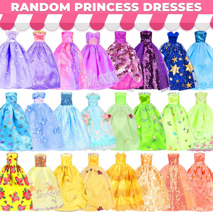 195 Pcs Doll Clothes and Accessories Kit, Include Princess Gowns, Fashion Skirt, Slip Dresses, Tops, Pants, Bikini Swimsuits, Shoes, Crowns, Necklaces, Glasses, Hangers in Gift Box for 11"-12" Dolls